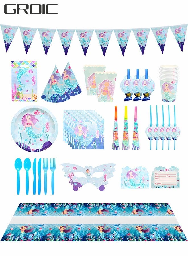 GROIC Mermaid Party Supplies Kit (Serve 10), Birthday Party Disposable Dinnerware, All-in-One Party Supplies Set Includes Mermaid Paper Plates Cups Napkins Tableware Tablecloth - Image 1