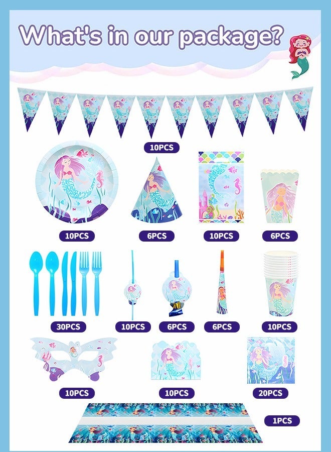 GROIC Mermaid Party Supplies Kit (Serve 10), Birthday Party Disposable Dinnerware, All-in-One Party Supplies Set Includes Mermaid Paper Plates Cups Napkins Tableware Tablecloth - Image 2