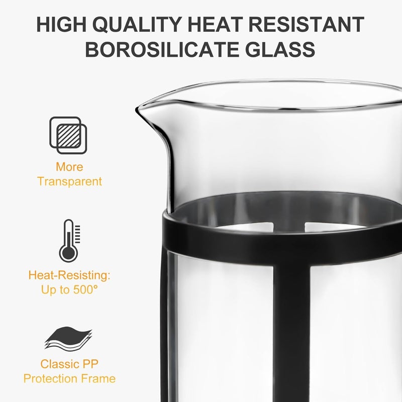 Chiallco Mini French Press Coffee Maker, Heat Resistant Thickened Borosilicate Classic Glass Stainless Steel Coffee Press, 12OZ Heat Cold Brew Coffee Pot Tea Press for Kitchen Travel Camping，Black - Image 2