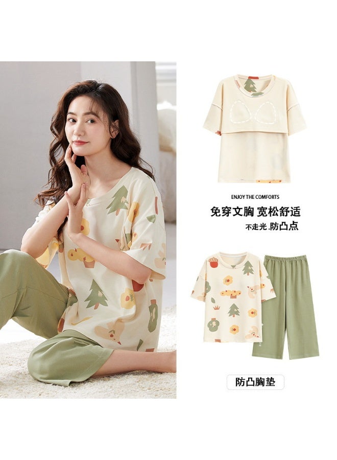 Stylish Summer Women's Pajamas Chest Pad Short Sleeves Seven-inch Pants Loose-fit Outerwear Home Clothes - Image 1
