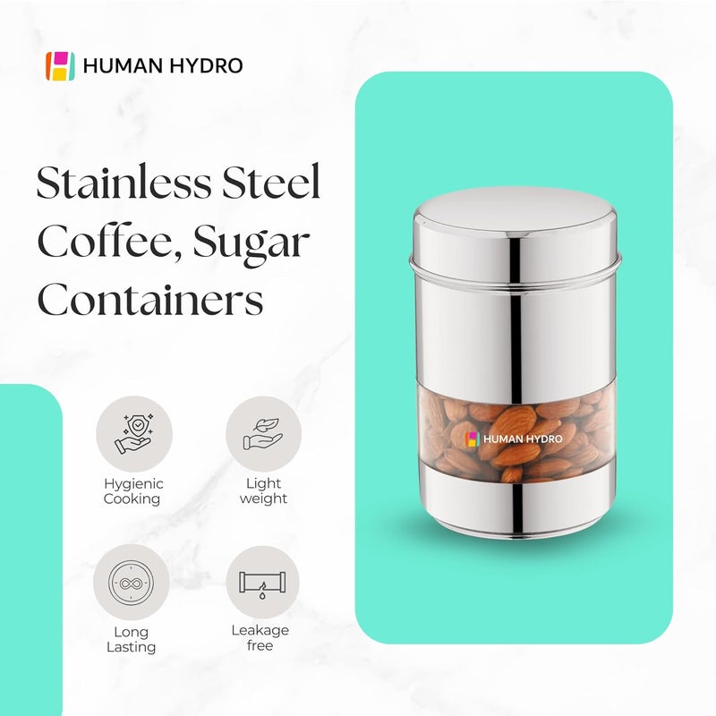 Human Hydro Stainless Steel Storage Container with Transparent Window 500ml Capacity Airtight Lid Glossy Finish Kitchen Jar for Spices Grains Snacks More - Image 2