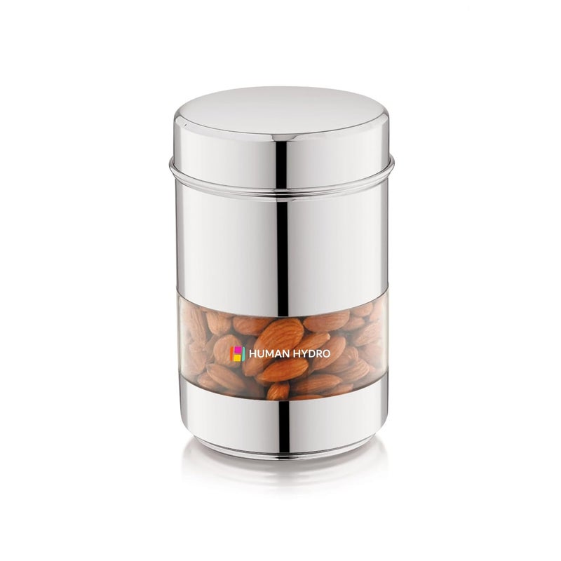 Human Hydro Stainless Steel Storage Container with Transparent Window 500ml Capacity Airtight Lid Glossy Finish Kitchen Jar for Spices Grains Snacks More - Image 1