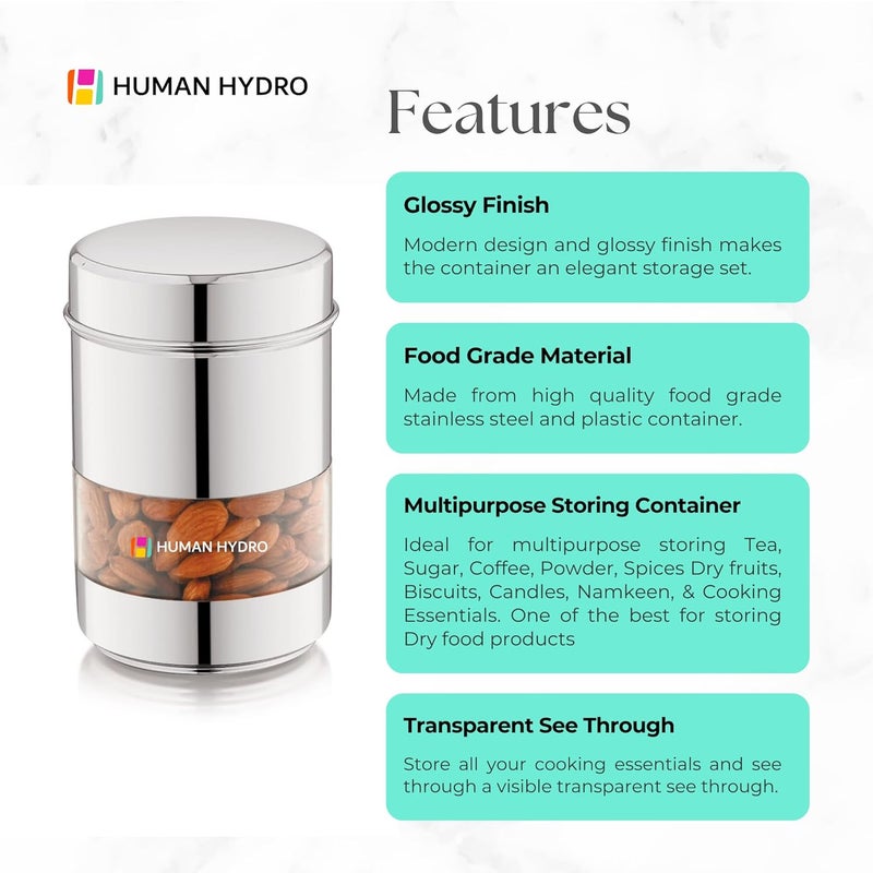 Human Hydro Stainless Steel Storage Container with Transparent Window 500ml Capacity Airtight Lid Glossy Finish Kitchen Jar for Spices Grains Snacks More - Image 3