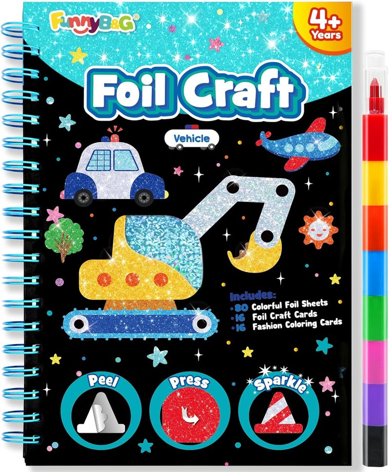 FUNNYB&G Foil Art Kit - Foil Crafts for Kids, Toys for Boys 4-10 Years Old, No Mess Travel Essentials, Kids Toys, Boys Gift, Birthday Gift, Coloring Books for Kids - Image 1