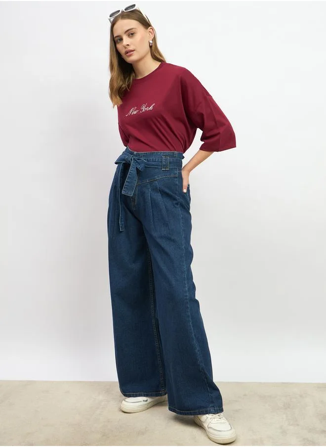 ستايلي Styli Embroidered Slogan Round Neck Oversized T-Shirt