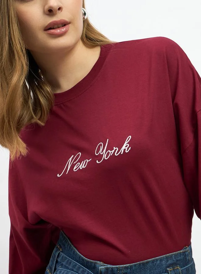Styli Styli Embroidered Slogan Round Neck Oversized T-Shirt