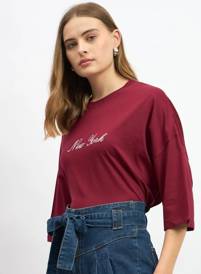 Styli Styli Embroidered Slogan Round Neck Oversized T-Shirt