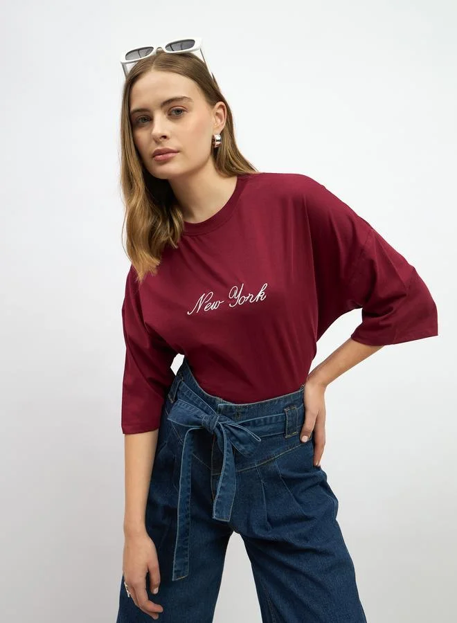 Styli Styli Embroidered Slogan Round Neck Oversized T-Shirt
