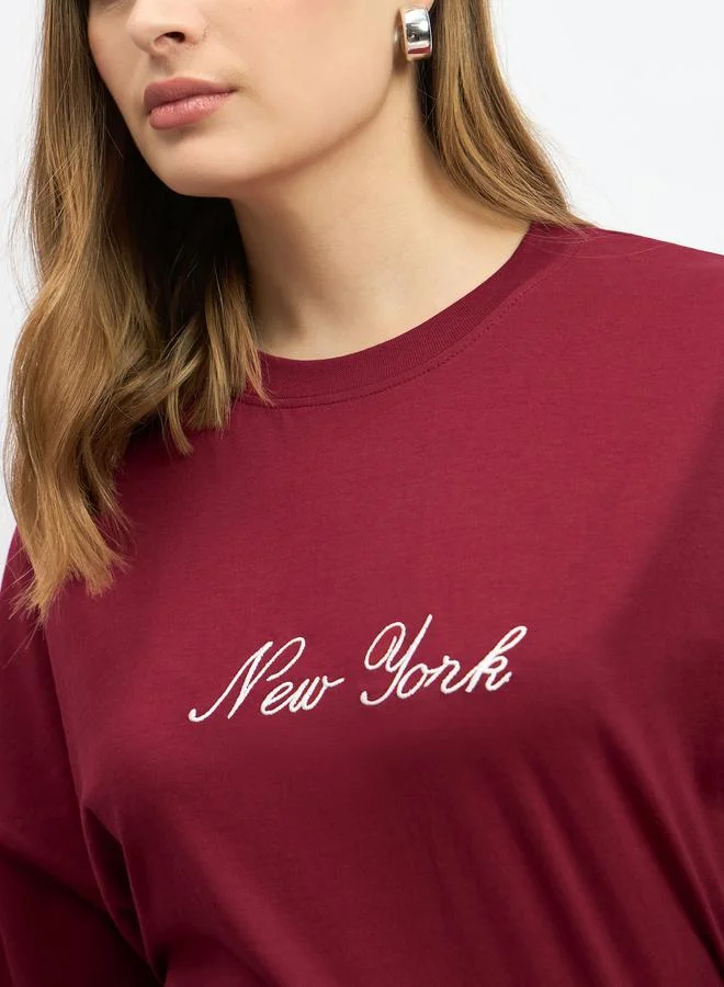Styli Styli Embroidered Slogan Round Neck Oversized T-Shirt