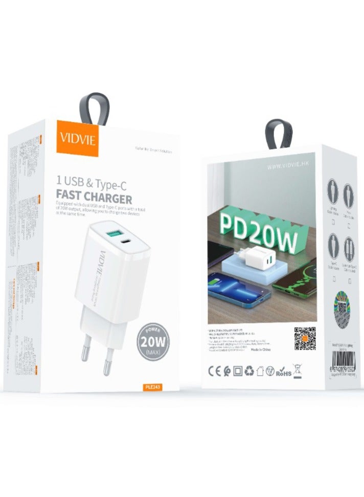 Vidvie VIDVIE Fast Wall Charger 20W, Dual USB and Type-C Ports, Lightning Cable Included, Suitable For iPhone 16/15/14/13/12 - Image 1