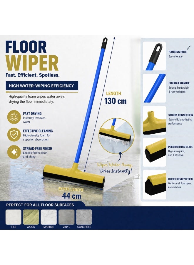 VELMORE Floor Wiper with Long Handle 130cm – Heavy Duty Water Squeegee with 44cm Foam Blade, Fast Drying, Streak-Free Cleaning for Tiles, Bathroom, Kitchen & Floor Surfaces - Yellow - Image 2