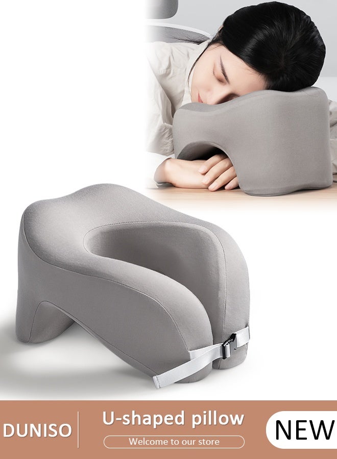 DUNISO 2-in-1 Travel Pillow U-Shape Neck & Head Memory Foam Support Pillow Napping Pillow Relax Arms Ergonomic Memory Foam Neck Pillow for Airplane, Car, Train, Bus and Home Use - Image 1