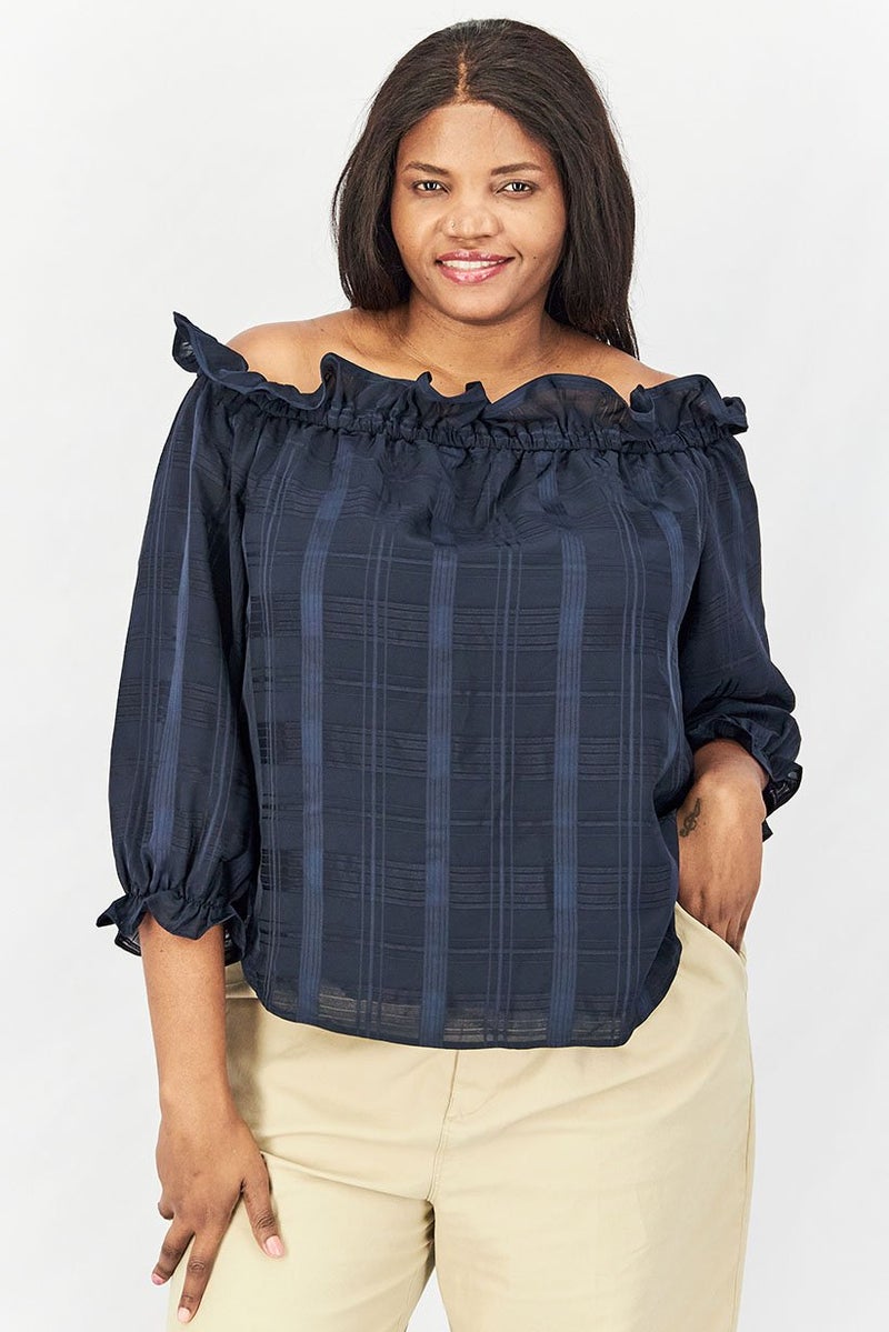 Rachel Roy Women Plus Size Off Shoulder Long Sleeves Textured Top, Navy - Image 1