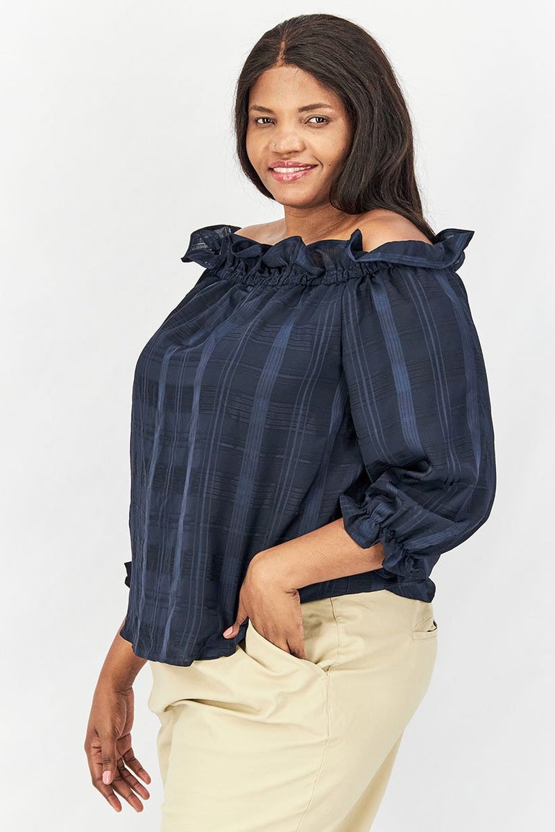Rachel Roy Women Plus Size Off Shoulder Long Sleeves Textured Top, Navy - Image 4