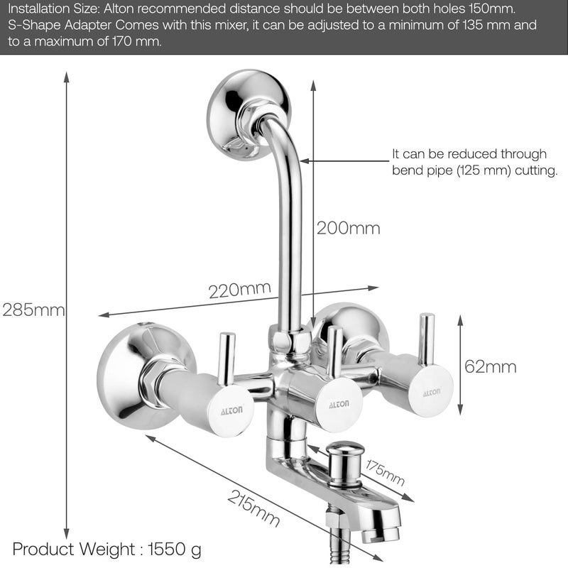 ALTON GRCL3915 Brass 3IN1 Wall Mixer With Provision For Over Head Shower and Hand Shower with190mm Long Bend Pipe Chrome - Image 2