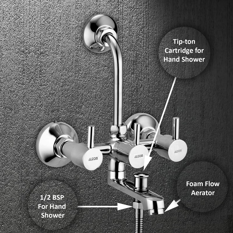 ALTON GRCL3915 Brass 3IN1 Wall Mixer With Provision For Over Head Shower and Hand Shower with190mm Long Bend Pipe Chrome - Image 5