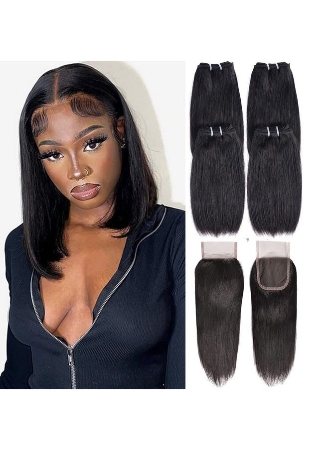Liang Dian 12 Inch Brazilian Short Human Hair Bundles Natural Color 4 Bundles With Closure Brazilian Virgin Hair 100% Unprocessed Straight Human Hair Bundles(12121212With 12Closure)  - Image 1