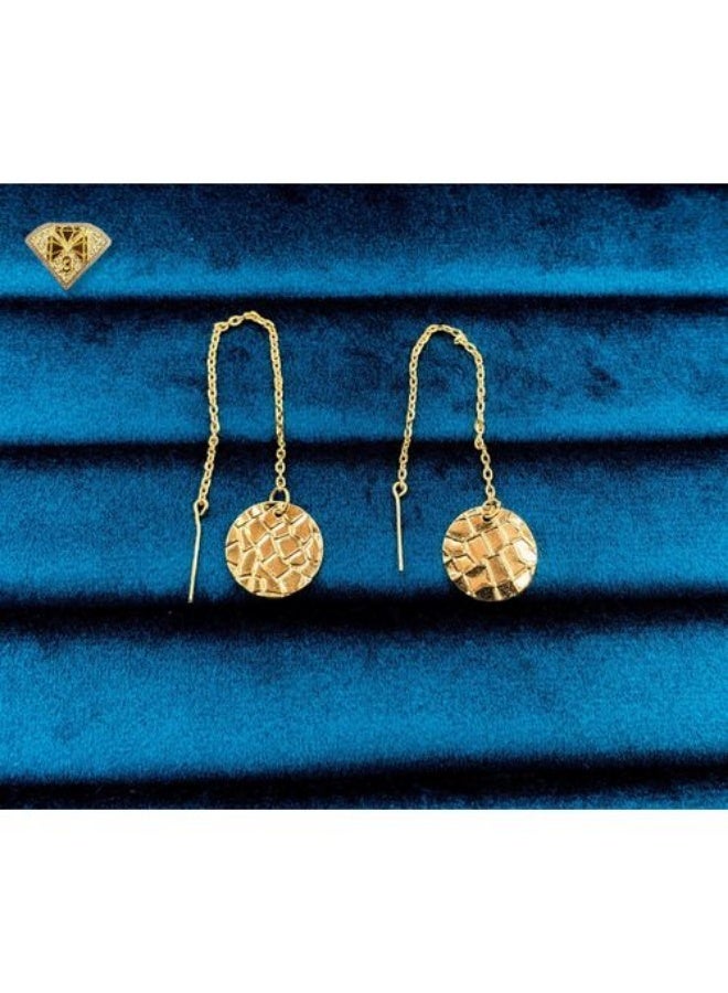 Gold Plated Round Threader Earrings, Textured Disc Drop