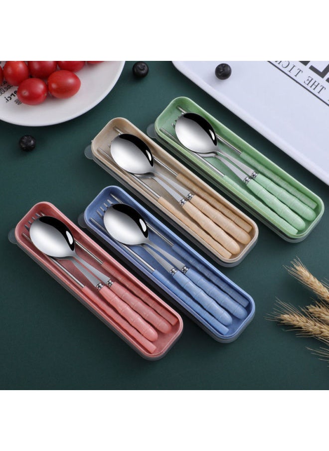 Generic - Portable Korean Style Stainless Steel Dinnerware Set Wheat Straw Fork Spoon Chopsticks Three-piece Suit Student Gift-Color:Box + Round Spoon And Fork Chopsticks Powder Bamboo Section - Image 1