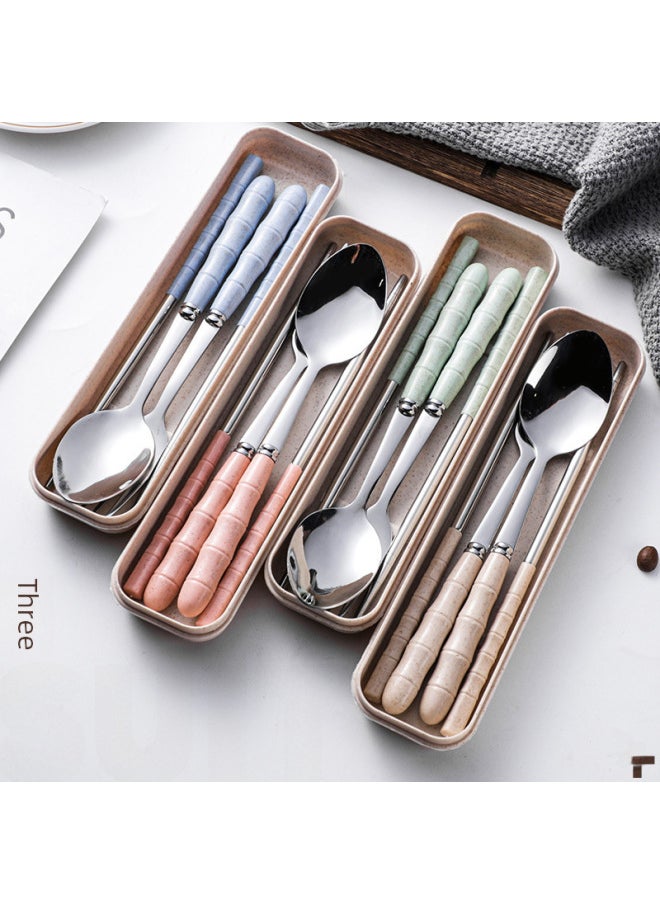 Generic - Portable Korean Style Stainless Steel Dinnerware Set Wheat Straw Fork Spoon Chopsticks Three-piece Suit Student Gift-Color:Box + Round Spoon And Fork Chopsticks Powder Bamboo Section - Image 1