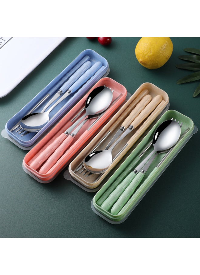Generic - Portable Korean Style Stainless Steel Dinnerware Set Wheat Straw Fork Spoon Chopsticks Three-piece Suit Student Gift-Color:Box + Round Spoon And Fork Chopsticks Powder Bamboo Section - Image 1