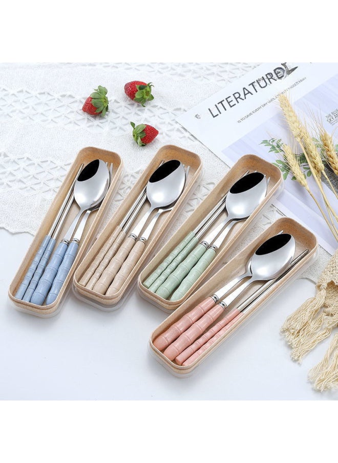 Generic - Portable Korean Style Stainless Steel Dinnerware Set Wheat Straw Fork Spoon Chopsticks Three-piece Suit Student Gift-Color:Box + Round Spoon And Fork Chopsticks Powder Bamboo Section - Image 1