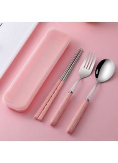 Portable Korean Style Stainless Steel Dinnerware Set Wheat Straw Fork Spoon Chopsticks Three-piece Suit Student Gift-Color:Box + Round Spoon And Fork Chopsticks Powder Bamboo Section