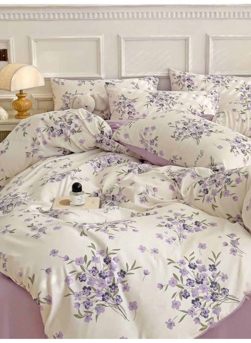 Soft Elegant Flower Print Duvet Cover Set – Romantic Purple Bed Sheet & Pillowcase Set for Bedroom Décor - (150*200cm) - Image 3