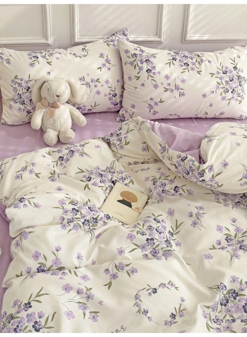 Soft Elegant Flower Print Duvet Cover Set – Romantic Purple Bed Sheet & Pillowcase Set for Bedroom Décor - (150*200cm) - Image 2