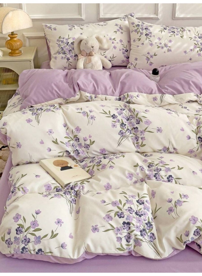 Soft Elegant Flower Print Duvet Cover Set – Romantic Purple Bed Sheet & Pillowcase Set for Bedroom Décor - (150*200cm) - Image 4