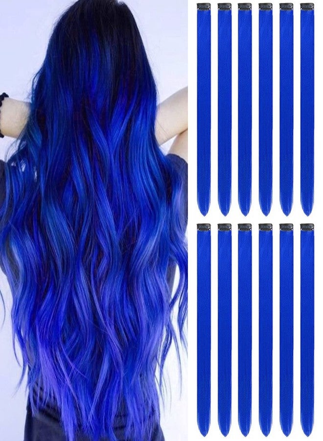 GPOVVIMX 12 PCS Blue Hair Extensions Clip in, Colored Party Highlights Extension for Kids Girls Synthetic Hairpiece Straight 22 inch - Image 1