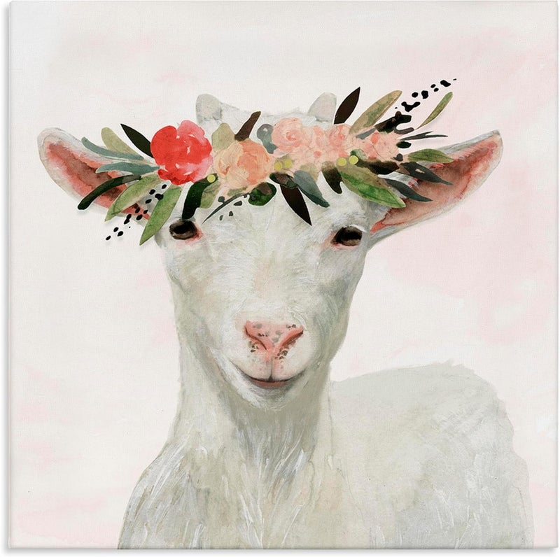 Stupell Industries Springtime Flower Crown Baby Goat Stretched Canvas Wall Art - 24 x 24 Inches - Image 1