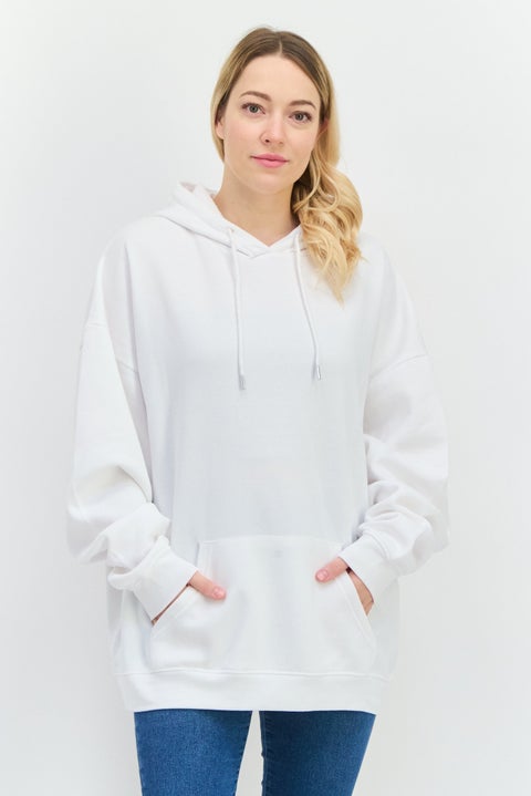 Women Hooded Solid Long Sleeve Sweatshirt, White