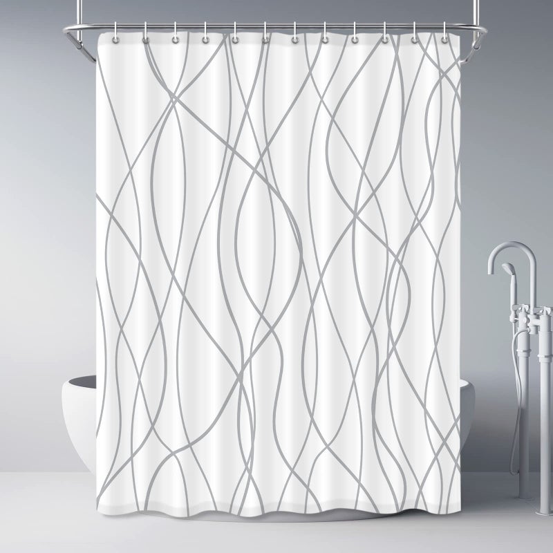Punkray Polyester Shower Curtain Grey and White Striped for Bathroom with Hooks, Extra Long 84 Inches, Weighted Hem, Waterproof Bath Accessories Hotel Style - Machine Washable - Image 1