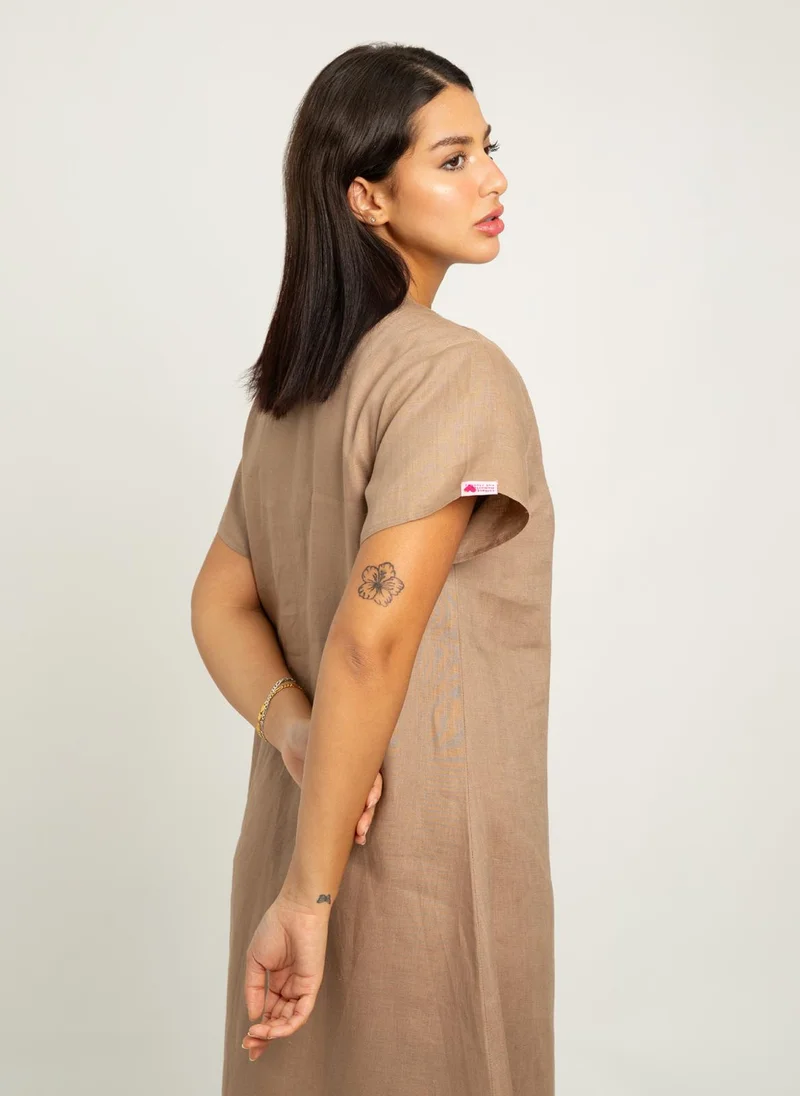 Kaafmeem Mocha Short Sleeves Linen Dress