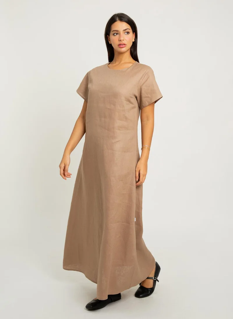 Kaafmeem Mocha Short Sleeves Linen Dress