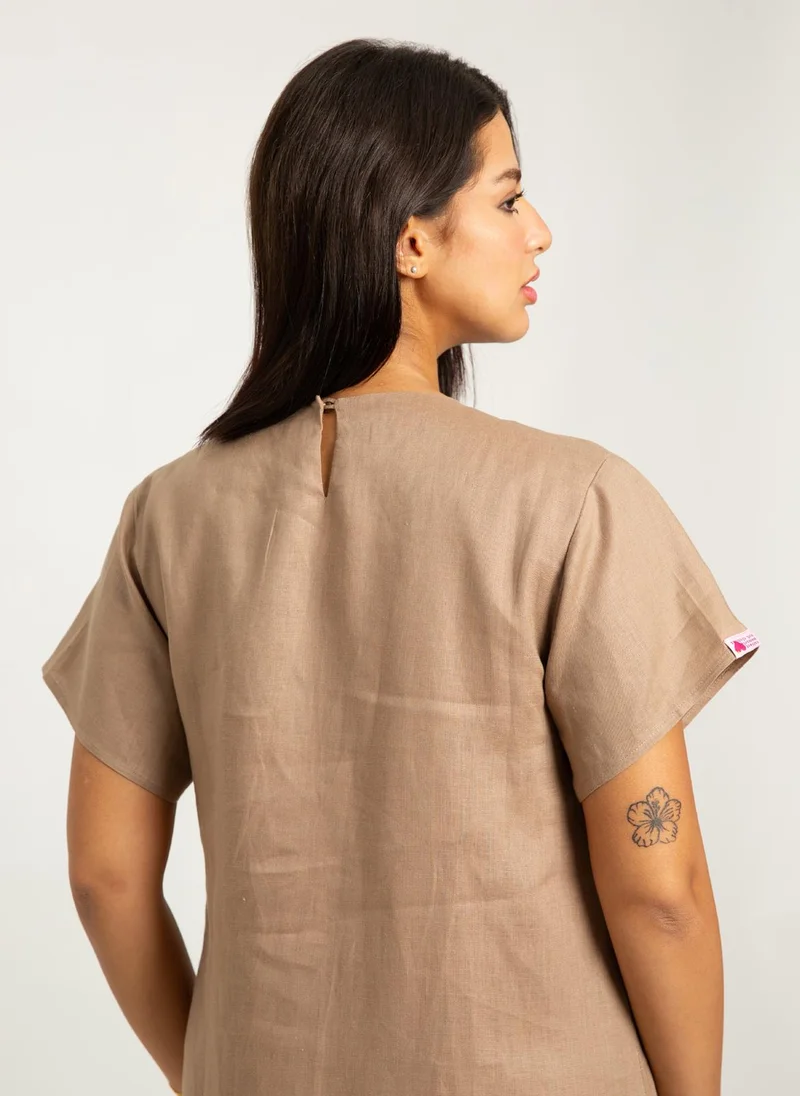 Kaafmeem Mocha Short Sleeves Linen Dress