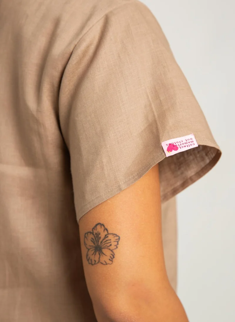 Kaafmeem Mocha Short Sleeves Linen Dress