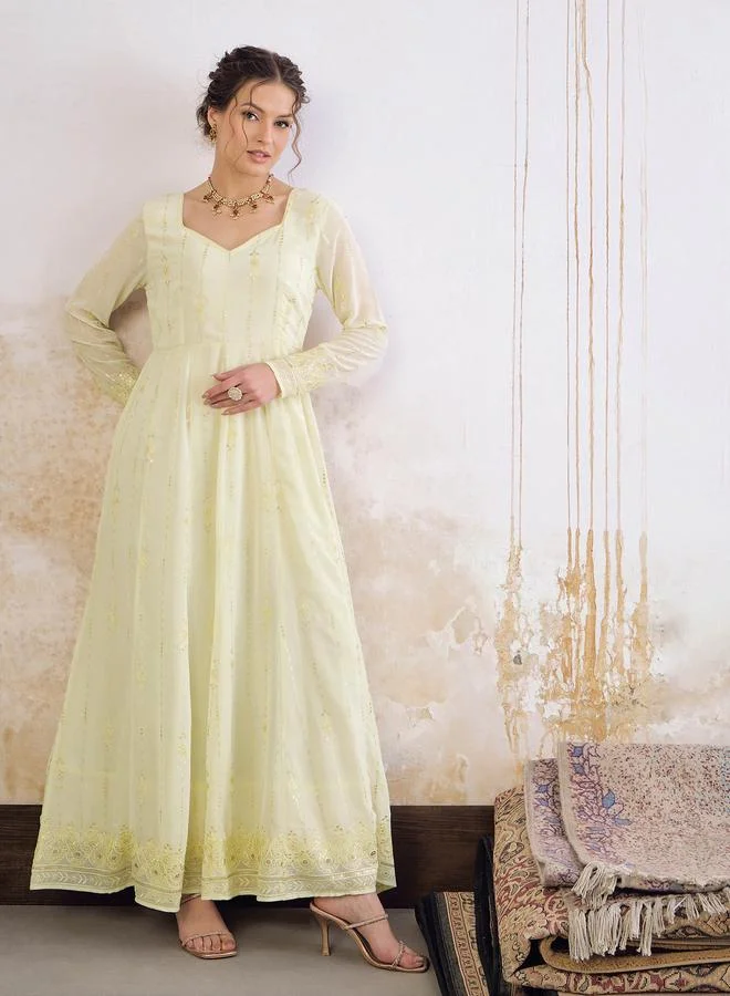 ساسافراس ساسافراس أصفر باستيل بياقة قلب مطرزة كورتا أناركالي