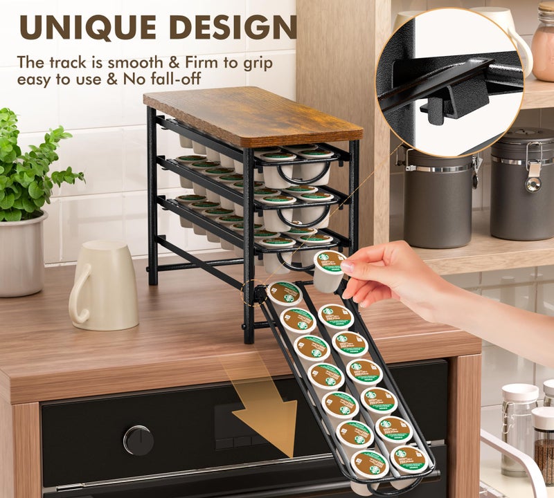 HFHOME Coffee Pod Holder with Wooden Top, Compatible with K-Cups, 4-Tier Coffee Capsule Storage Drawer, 56 Capacity Pods Organizer for Kitchen Counter, Home, Office, Black - Image 4
