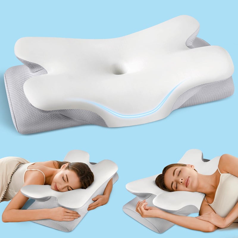 Cervical Neck Pillow for Pain Relief Sleeping Cooling Ergonomic Contour Side Sleeper Pillow for Neck Support Odorless Soft Memory Foam Orthopedic Bed Rest Pillow for Back Stomach Sleeper Grey