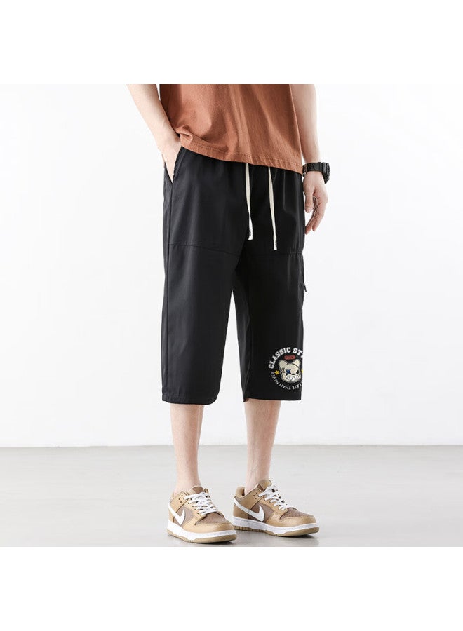 Poum Ice Silk Casual Capri Pants For Men, Summer Loose-fit Trendy Quick-dry Large Size Sports Shorts, Tq06 Black XL - Image 3