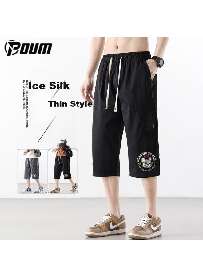 Poum Ice Silk Casual Capri Pants For Men, Summer Loose-fit Trendy Quick-dry Large Size Sports Shorts, Tq06 Black XL - Image 1