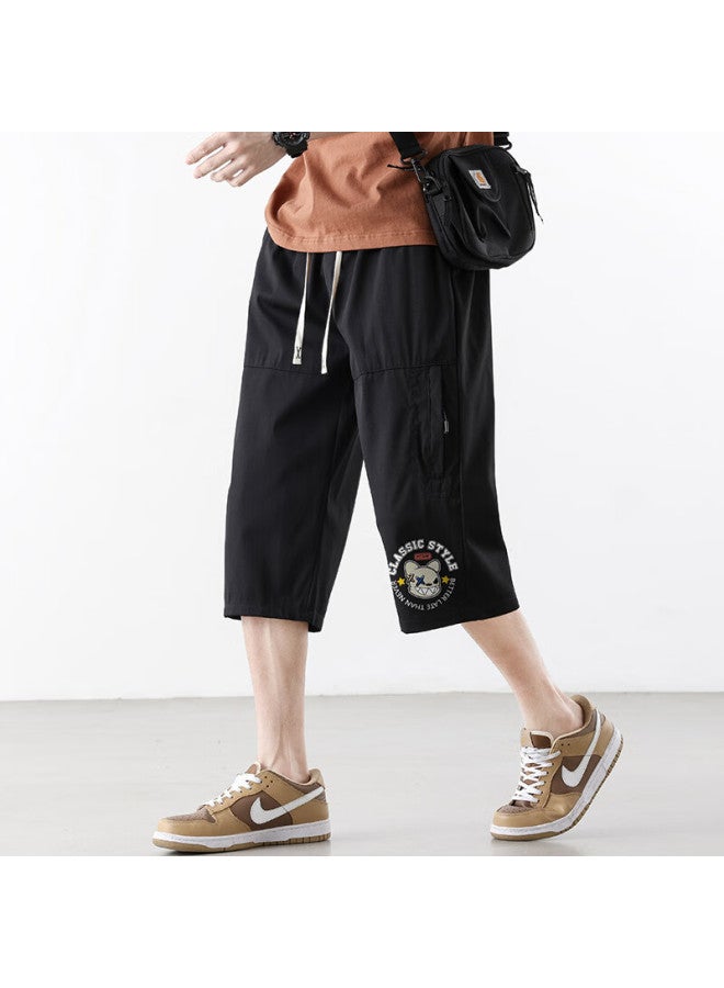 Poum Ice Silk Casual Capri Pants For Men, Summer Loose-fit Trendy Quick-dry Large Size Sports Shorts, Tq06 Black XL - Image 2