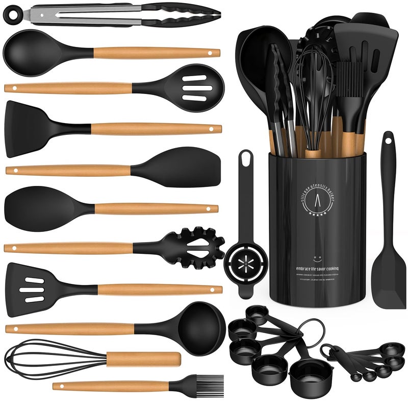 AVGPD Silicone Cooking Utensils Set - AVGPD Silicone Kitchen Utensils for Cooking Wooden Handles, 446Â°F Heat Resistant Kitchen Utensil Spatula Sets, Gadgets for Non-Stick Cookware BPA FREE (Black) - Image 1