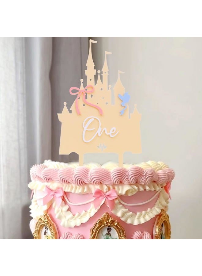 LINGANA Pink Castle One Cake Topper - Little Princess 1st Birthday Decorations,Acrylic Castle Birthday Cake Topper,Princess Wedding First Anniversary Centerpieces,Sweet Magic Party Photo Props (Yellow) - Image 3