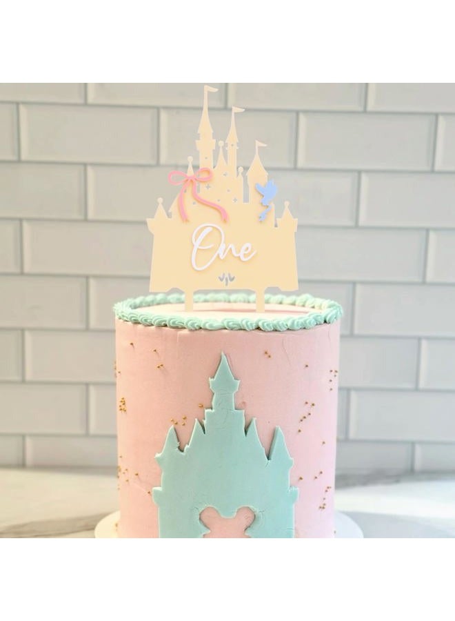 LINGANA Pink Castle One Cake Topper - Little Princess 1st Birthday Decorations,Acrylic Castle Birthday Cake Topper,Princess Wedding First Anniversary Centerpieces,Sweet Magic Party Photo Props (Yellow) - Image 2