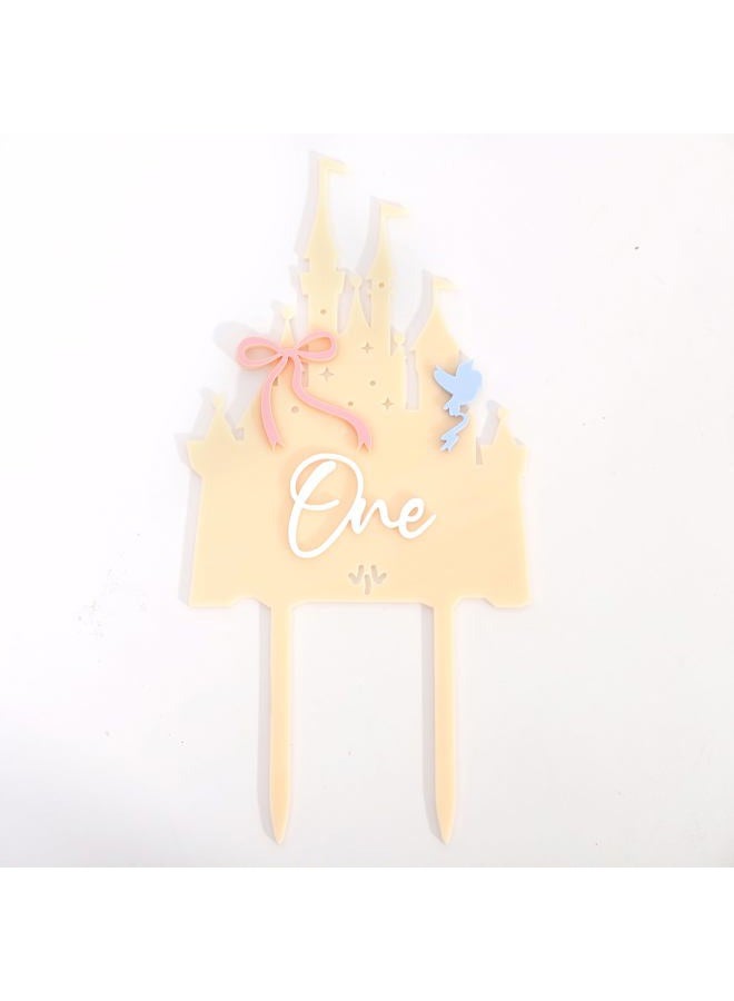 LINGANA Pink Castle One Cake Topper - Little Princess 1st Birthday Decorations,Acrylic Castle Birthday Cake Topper,Princess Wedding First Anniversary Centerpieces,Sweet Magic Party Photo Props (Yellow) - Image 5