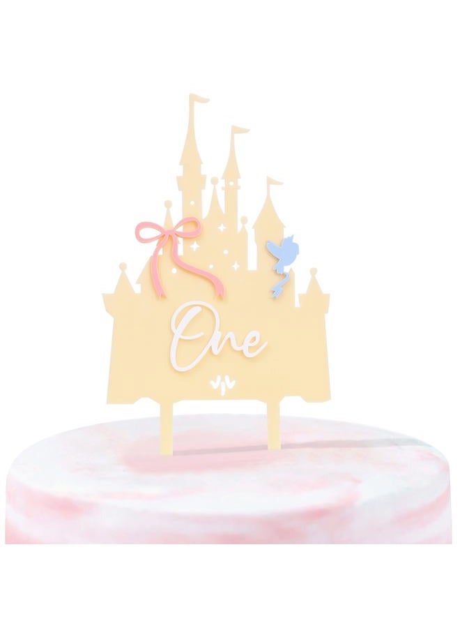 LINGANA Pink Castle One Cake Topper - Little Princess 1st Birthday Decorations,Acrylic Castle Birthday Cake Topper,Princess Wedding First Anniversary Centerpieces,Sweet Magic Party Photo Props (Yellow) - Image 1