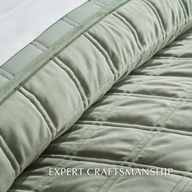 EVERGRACE 3 Pieces Luxurious Velvet Quilt King Size, Ultra Soft Bedspread Coverlet Set, Double Box Stitch Lightweight Velvet Comforter for All Season with 2 Shams, Sage Green, 108"x96" - Image 5
